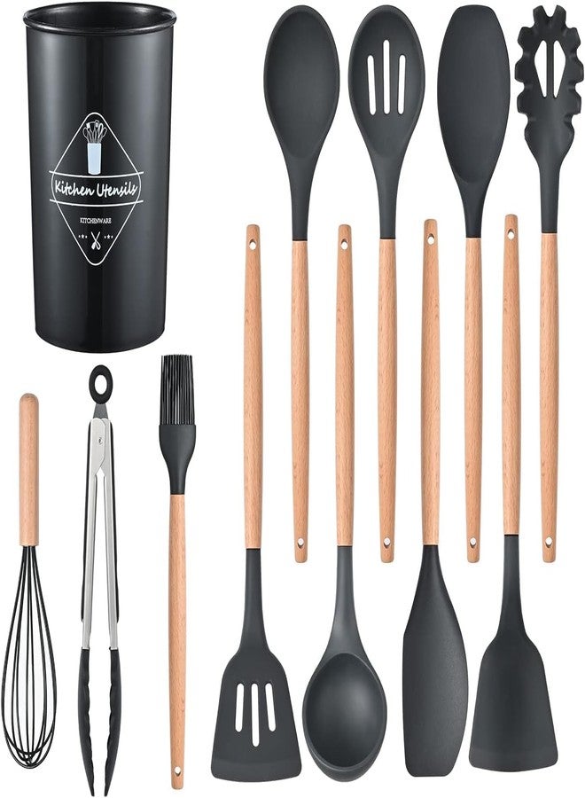 NowExp Silicone Spatula Set for Kitchen with Wooden Handle | Non-Stick Silicon Cooking Utensils Set | Spatula Cooking Tools | BPA Free | Kitchen Tools Set (Set of 12 Black) - Image 1
